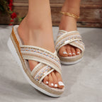 Linen Wedge Sandals Summer Ethnic Style Cross-strap Sandals For Women Non-slip Slides Beach Shoes